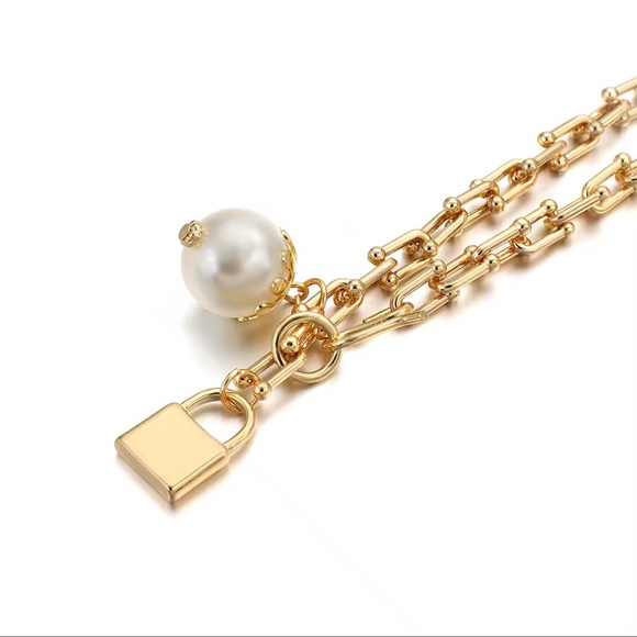 Graduated Link Elegant Gold Chain Lock Pearl Charm - Picture 14 of 14